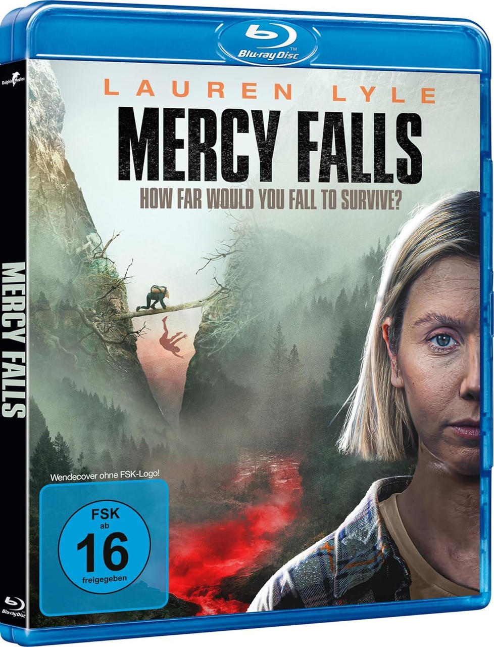 Filmcover: Frau rechts, Titel 'Mercy Falls', Landschaft mit fallender Person.