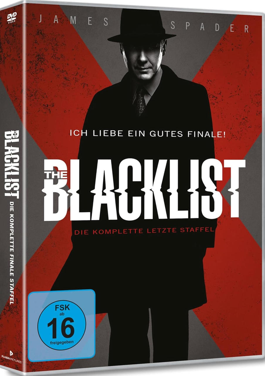 DVD-Hülle von The Blacklist. Ein Mann mit Hut und Mantel steht mit einem roten X hinter sich.
