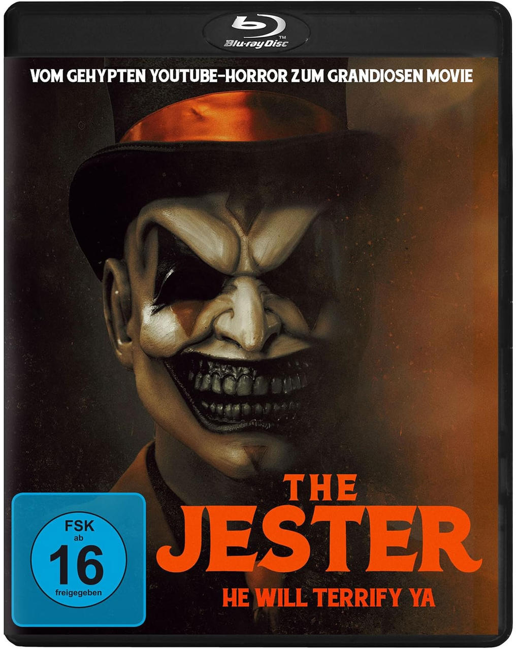 Filmposter für 'The Jester'. Ein Mann mit Clownmaske. Blaues Rating-Abzeichen, schwarzer Hintergrund.