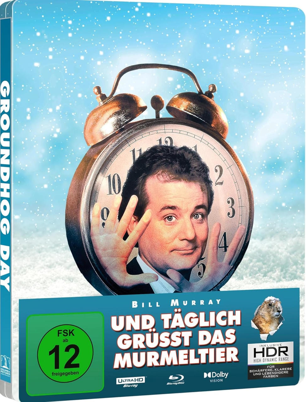 Groundhog Day DVD-Cover mit Bill Murray. Blauer und weißer Hintergrund mit Text.
