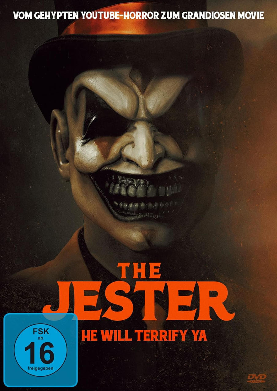 Filmposter mit einem gruseligen Clown-Gesicht. Der Titel lautet 'The Jester' mit dem Text 'He Will Terrify Ya'.