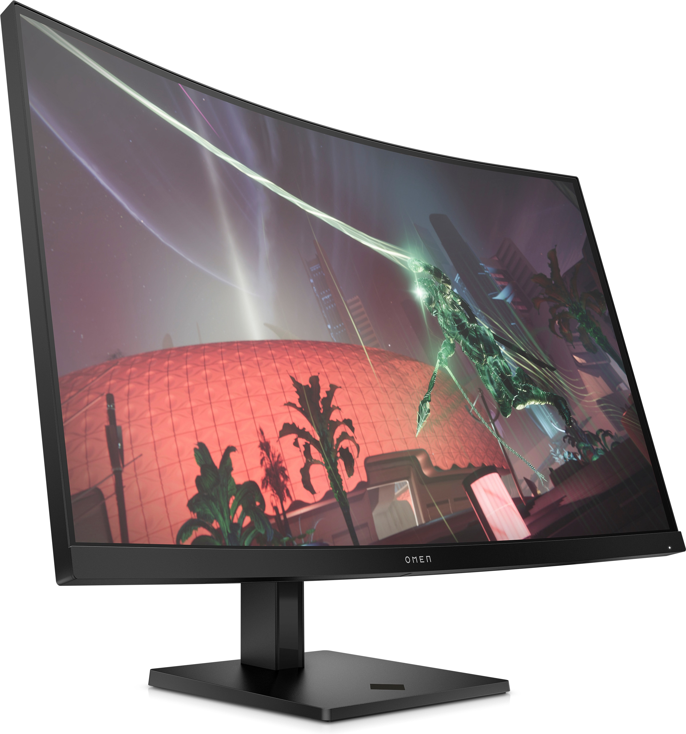 Ein geschwungener Gaming-Monitor zeigt eine futuristische Szene mit einer grünen Figur.