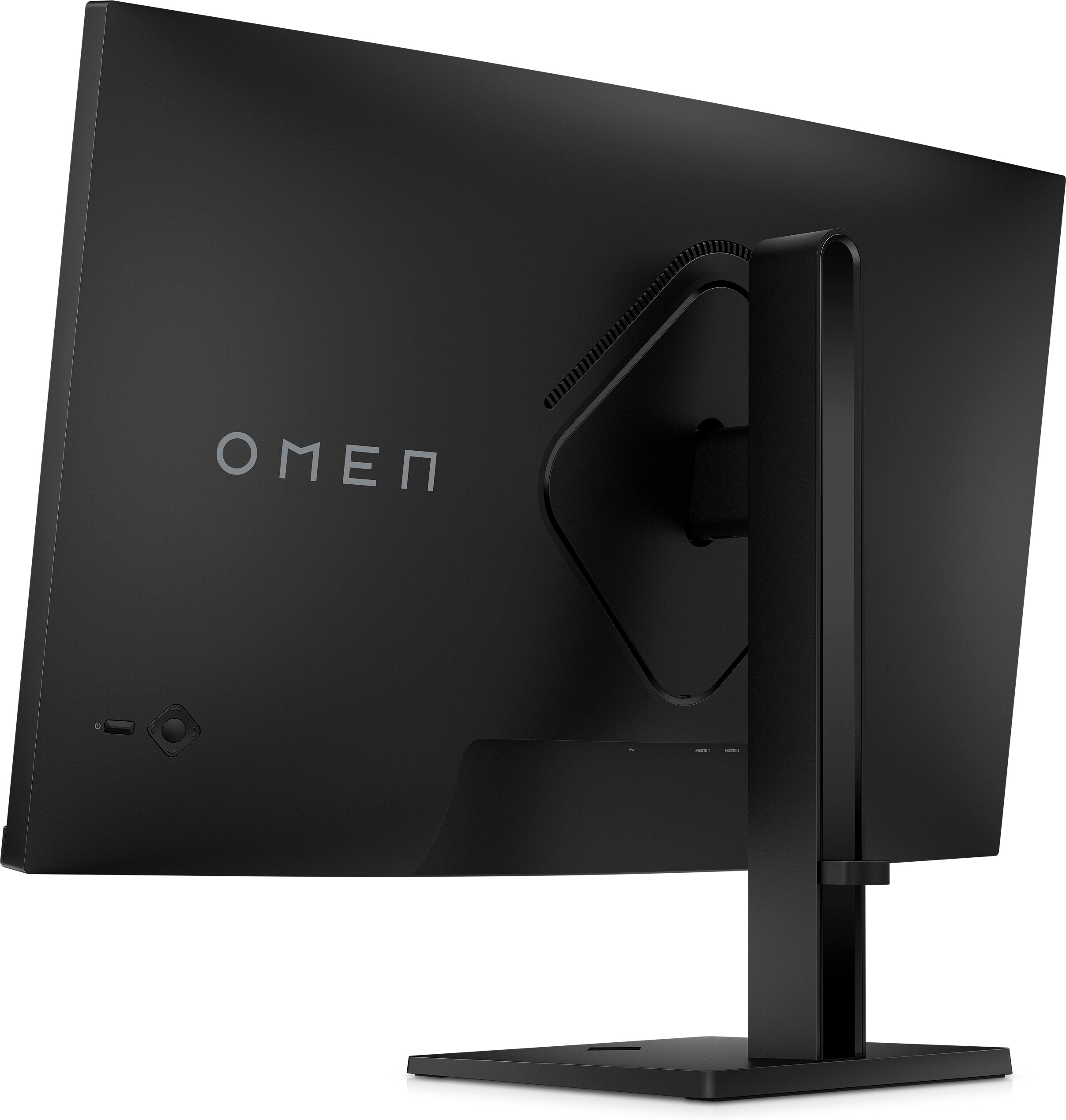 Schwarze OMEN-Monitorrückseite mit Logo und Ständer.