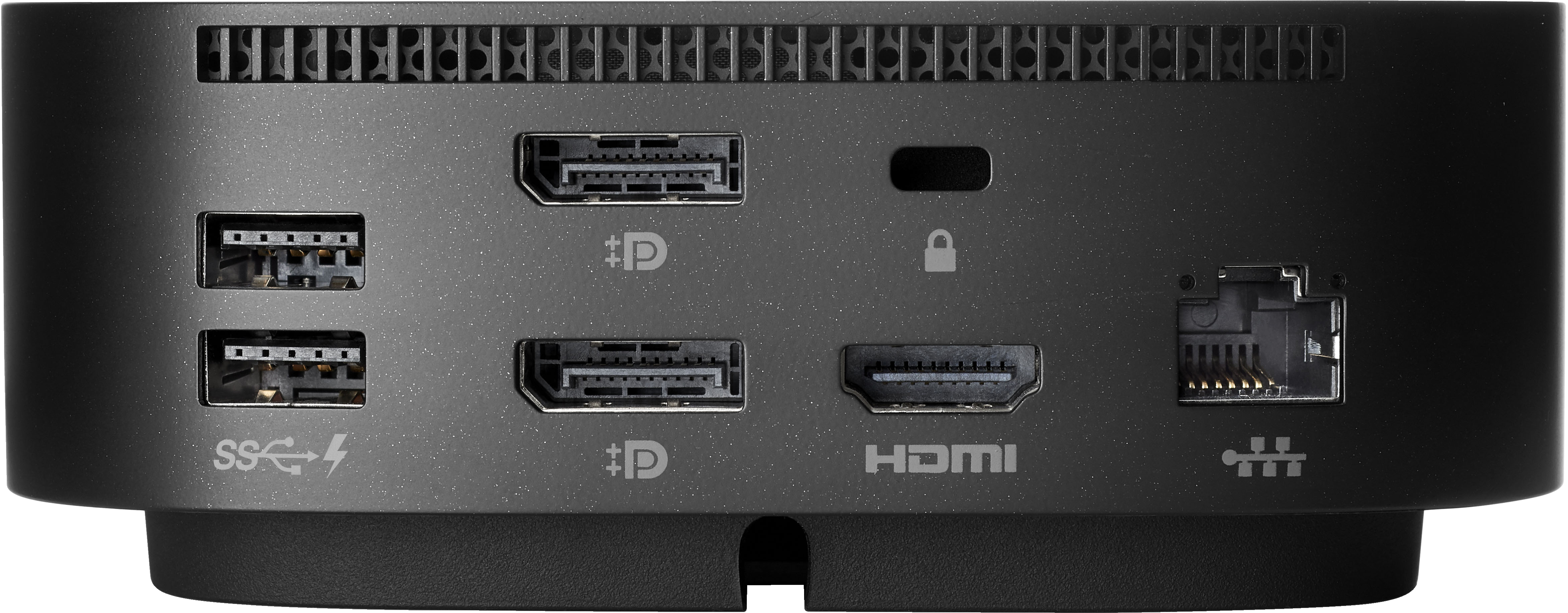 Rückansicht einer schwarzen HP-Dockingstation mit verschiedenen Anschlüssen.
