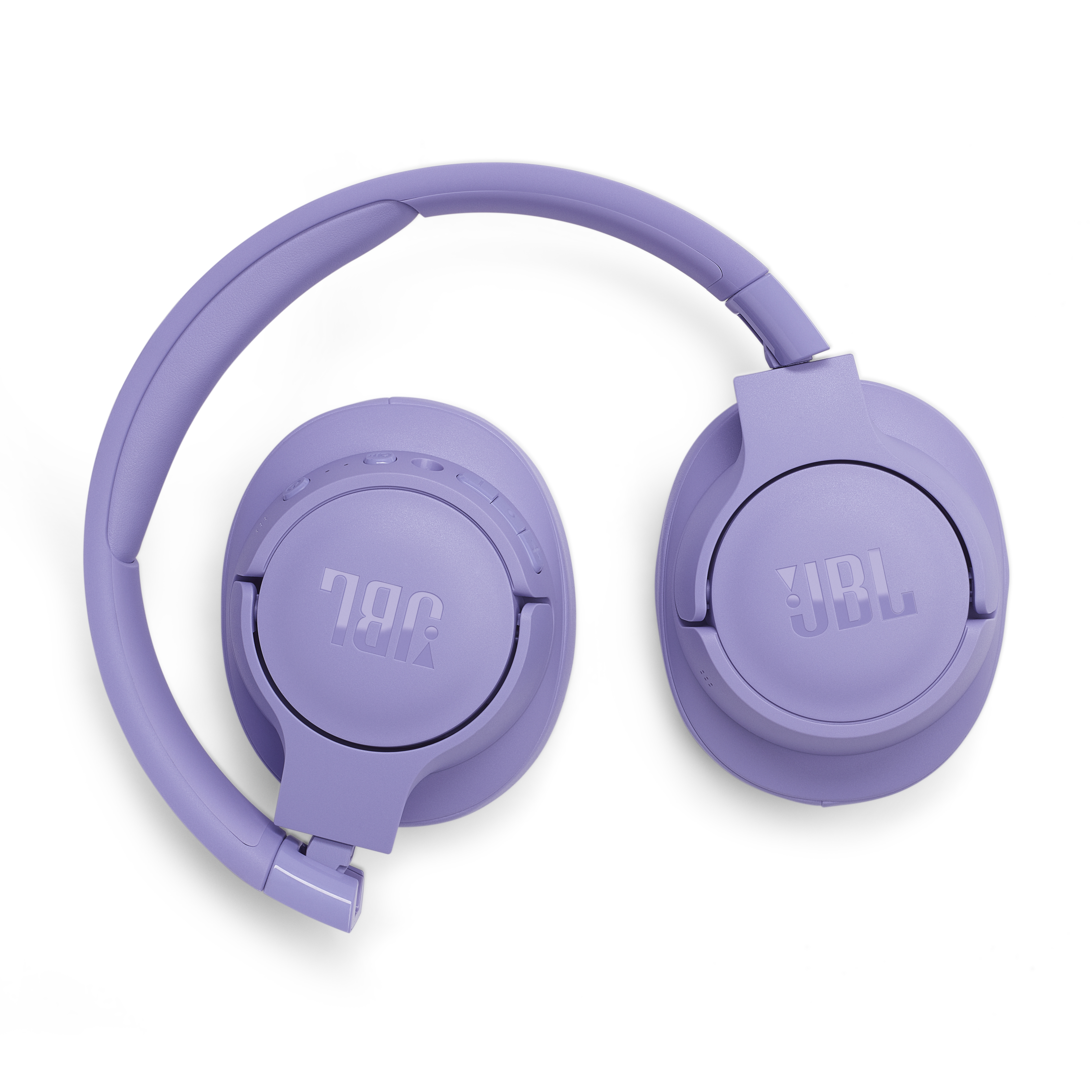 Katlanmış lavanta JBL kulaklıklar, her iki kulaklıkta da JBL logosunu gösteriyor.