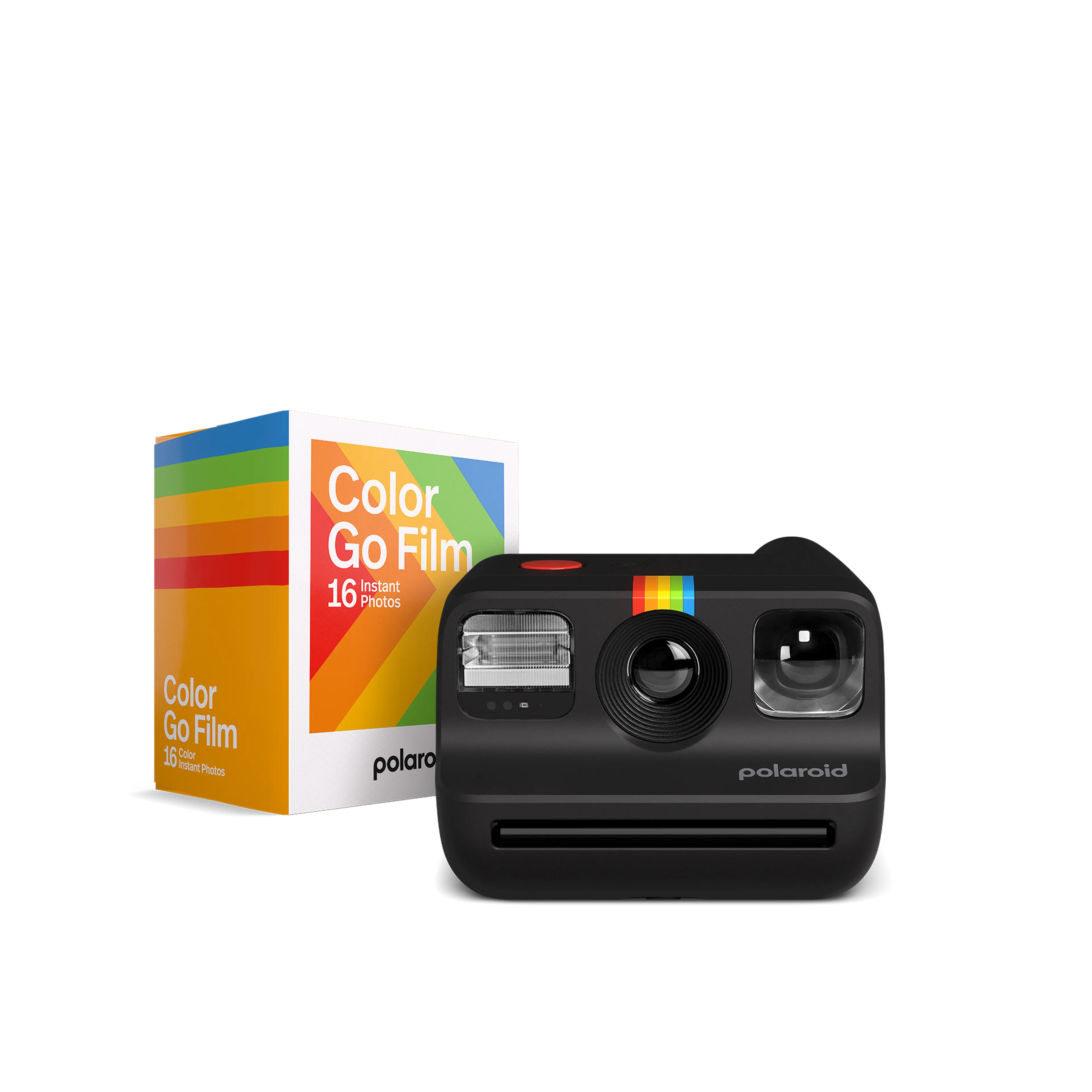 Siyah bir Polaroid fotoğraf makinesi ve renkli bir film kutusu. Makine beyaz üzerine.