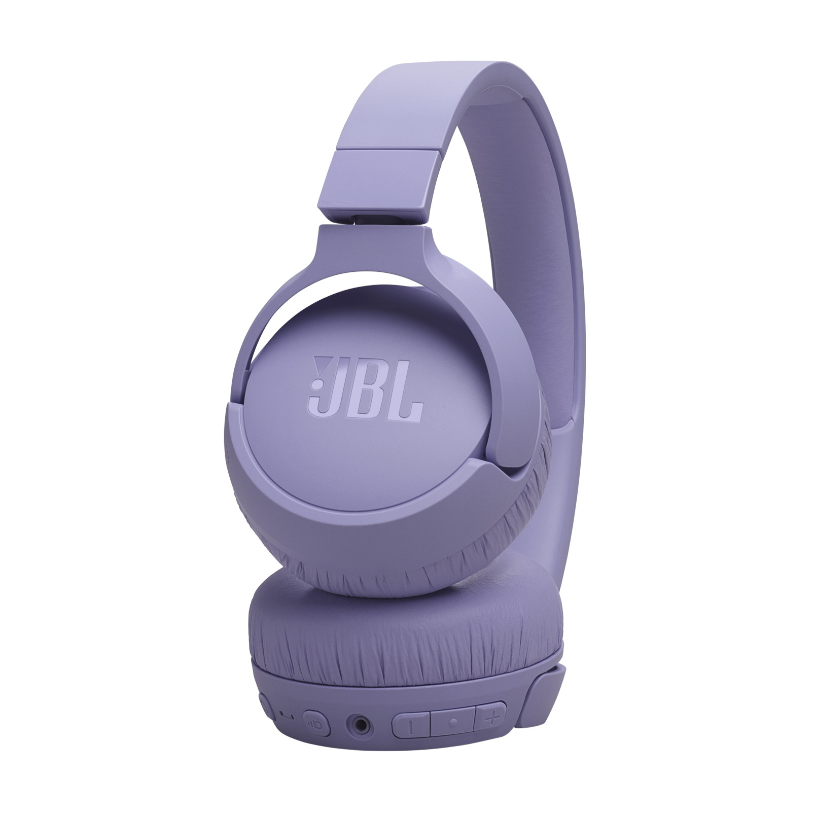 Lavanta renkli JBL kulaklıklar. Kulaklıklar kulak üstü tarzı ve yan tarafında JBL logosu var.