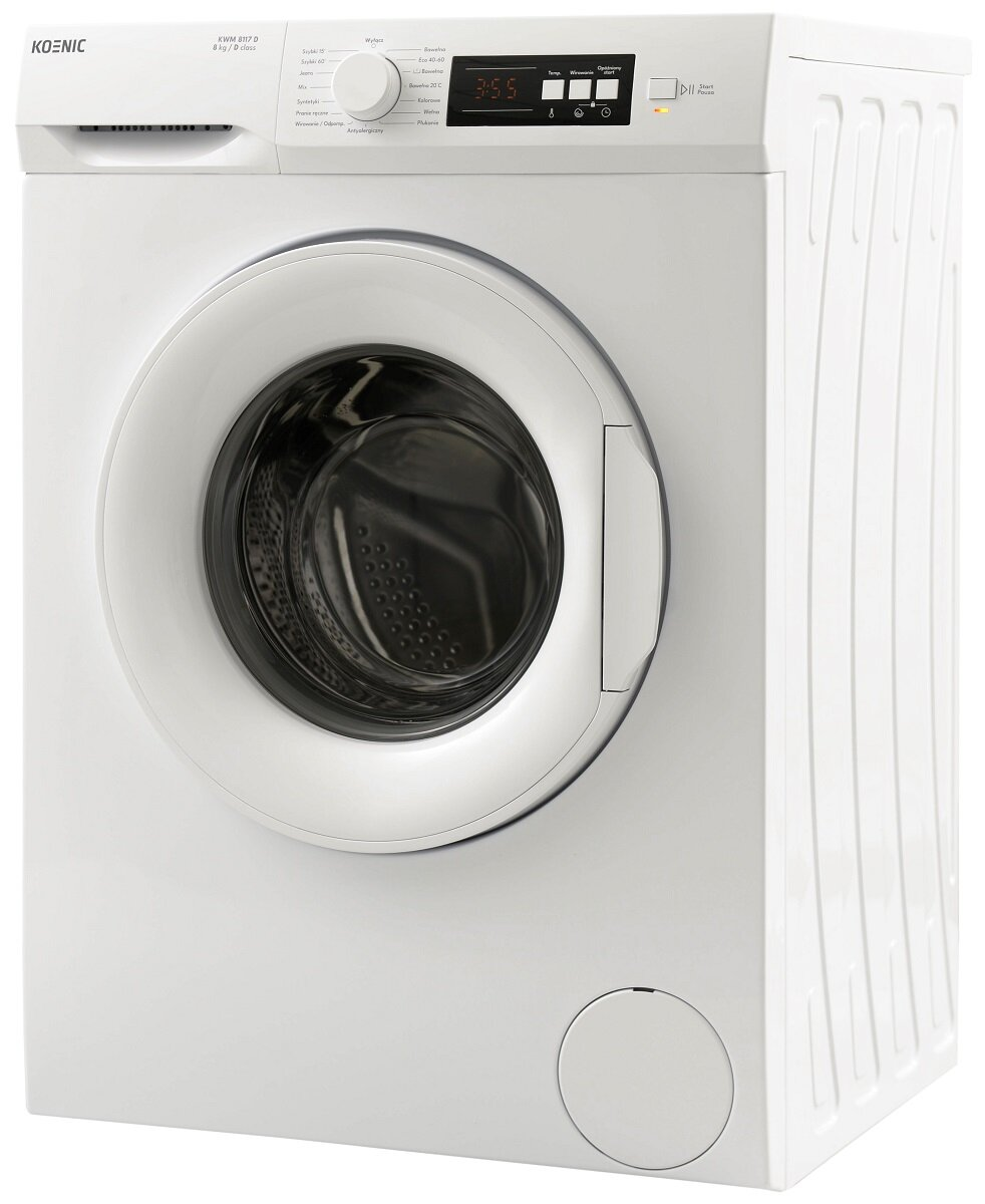 Biała pralka z okrągłymi drzwiami, wyświetlaczem cyfrowym i przyciskami sterowania.