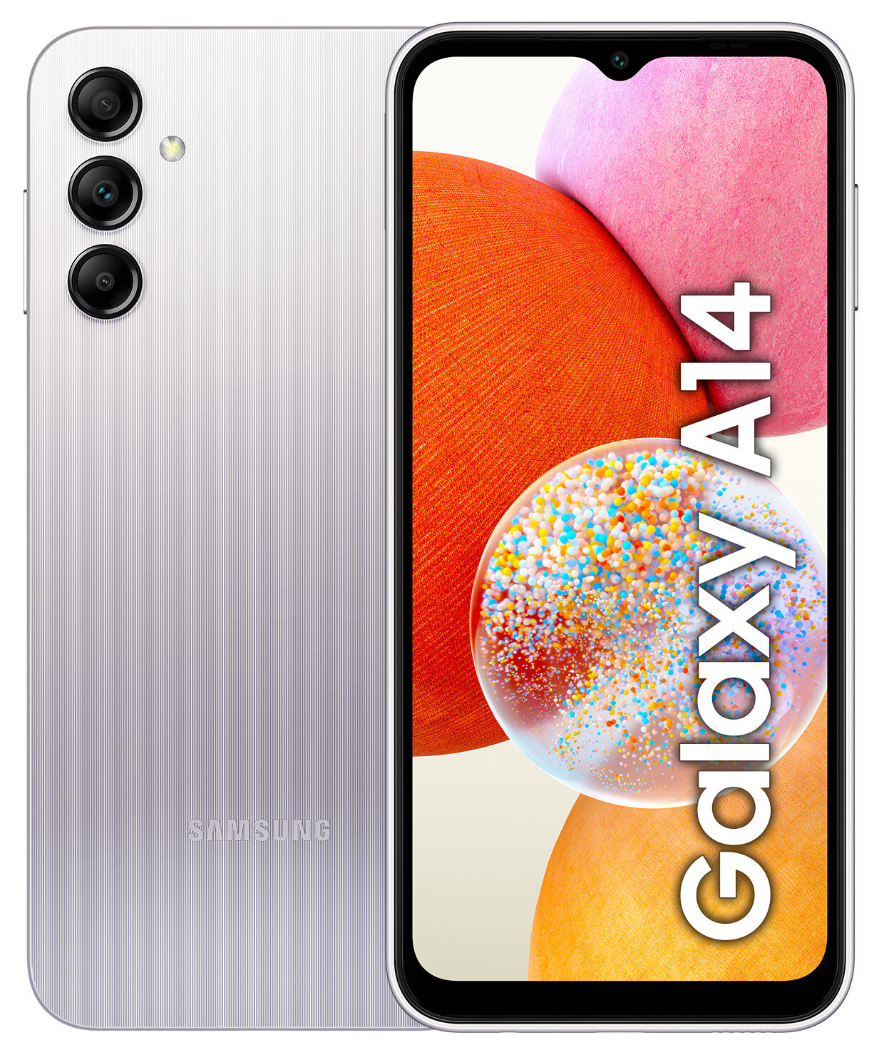 Biało-srebrny smartfon Samsung Galaxy A14 z kolorowym ekranem blokady.