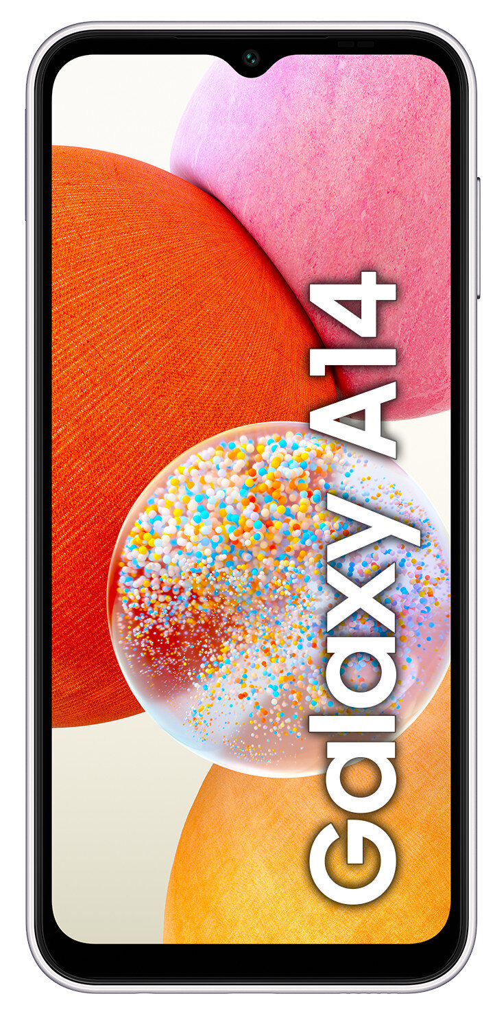 Smartfon Samsung Galaxy A14 z kolorowym abstrakcyjnym tłem i nazwą telefonu.