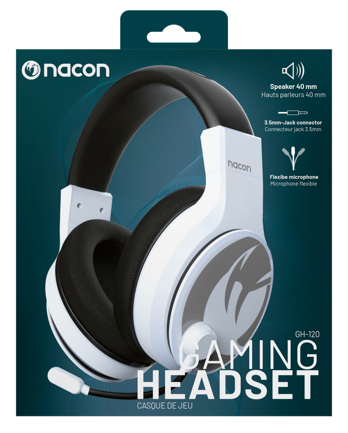 Weißes und schwarzes Gaming-Headset mit Mikrofon und einer Box mit Text.