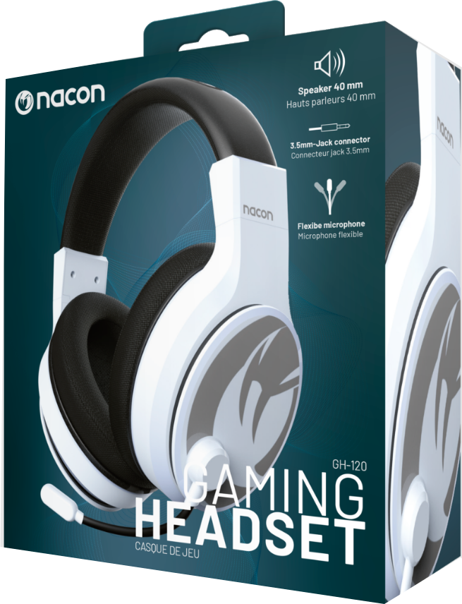 Ein weißes und schwarzes Gaming-Headset in einer Box, mit Text auf der Box.