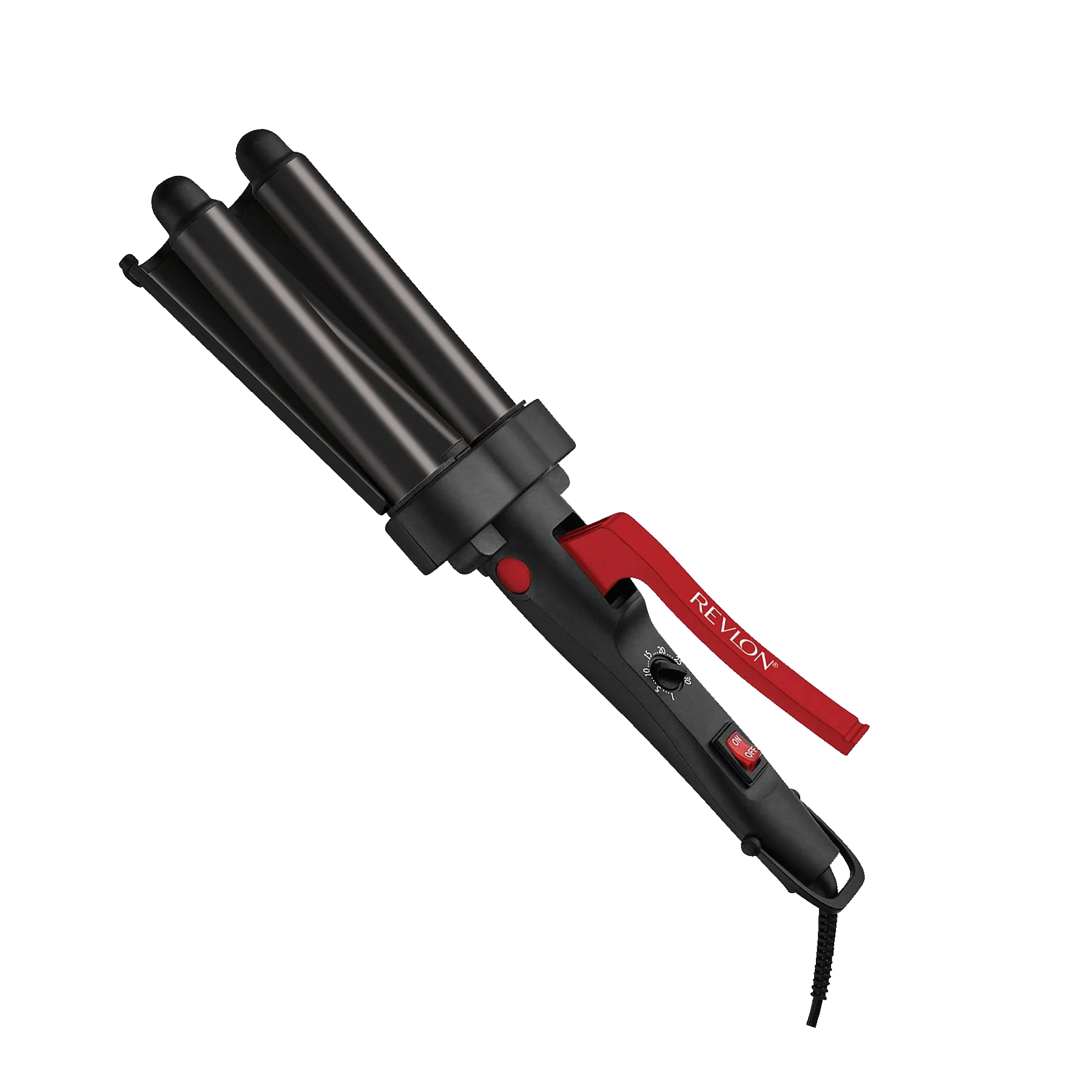 Un fer à onduler noir avec une poignée rouge et la marque 'Revlon'. Il dispose de réglages de chaleur réglables.