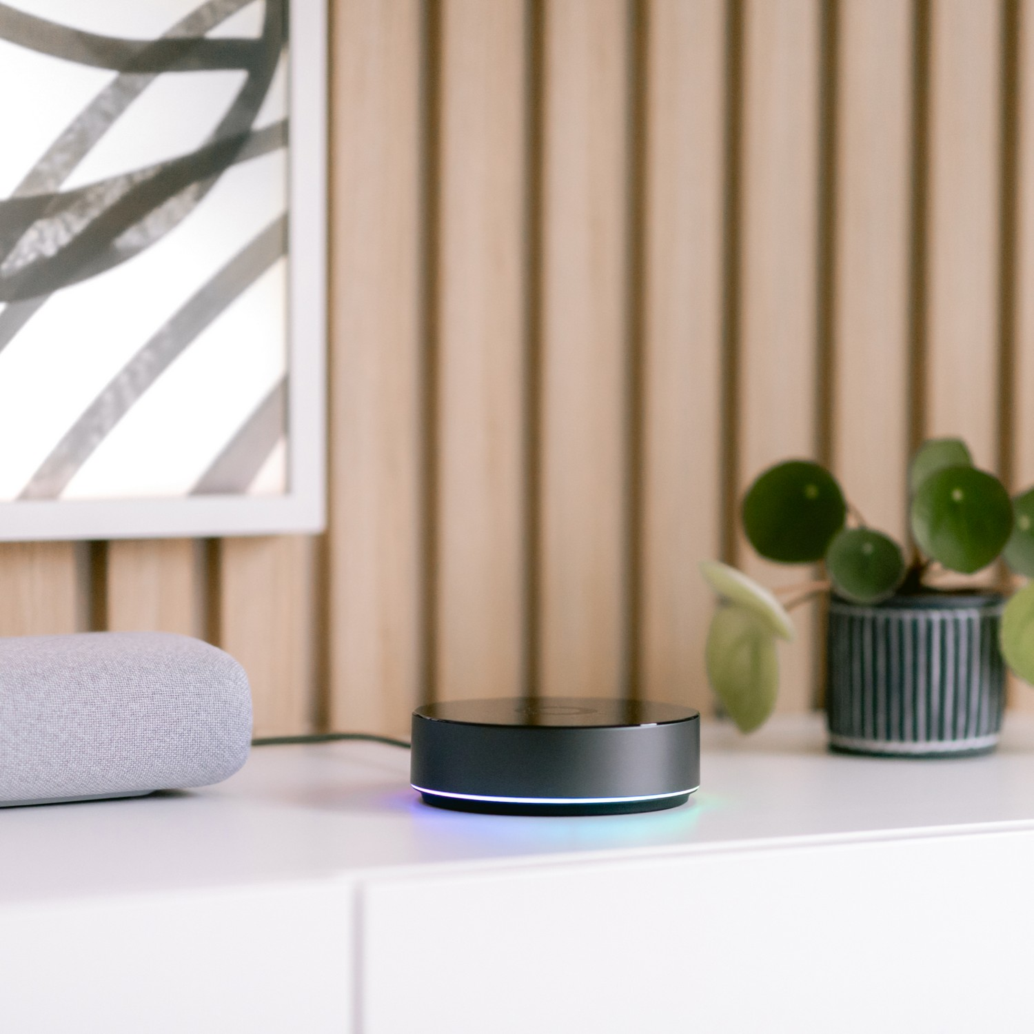 A smart hub with a glowing light ring next to a speaker and a plant.