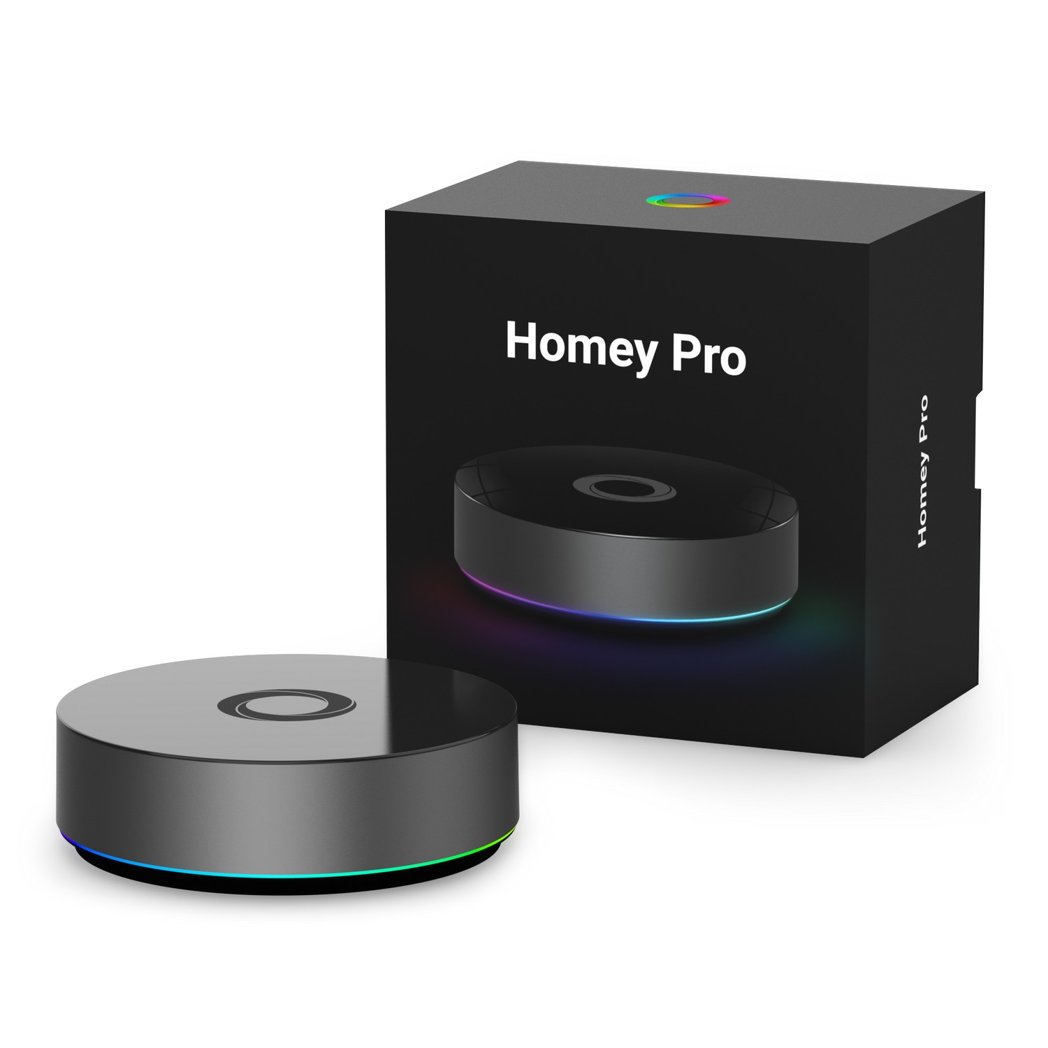 Black and gray Homey Pro device and box. Box has a rainbow circle.