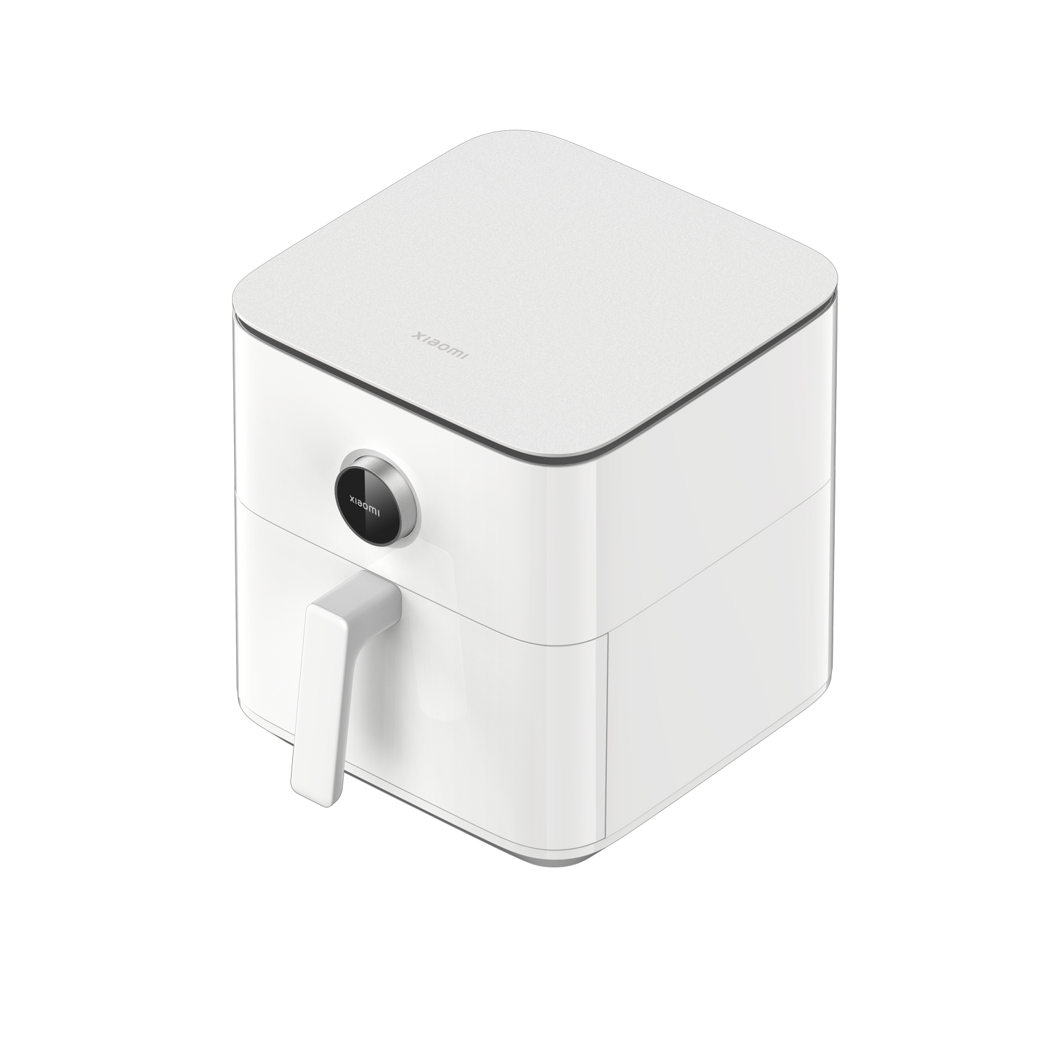 Freidora de aire Xiaomi blanca sobre fondo negro, con asa y botón.