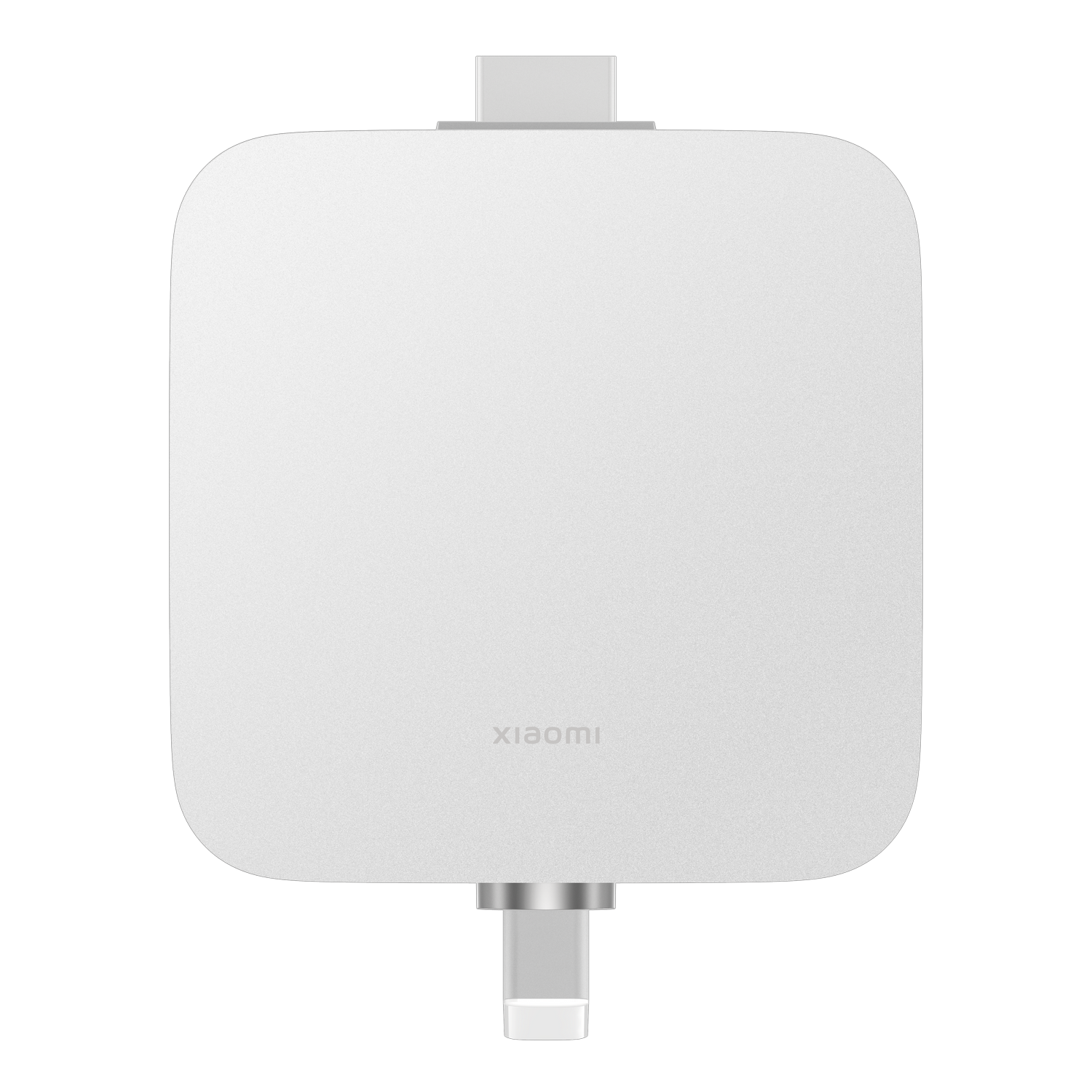 Adaptador USB-C blanco de Xiaomi. Forma cuadrada con esquinas redondeadas. Dos puertos USB-C.
