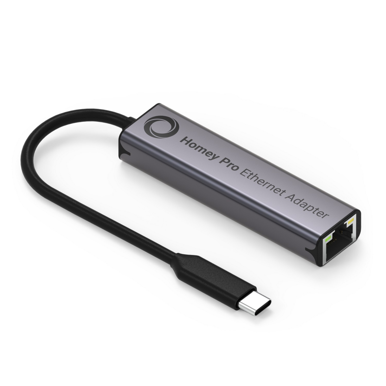 Gray Homey Pro Ethernet Adapter with black cable, and a USB-C connector.