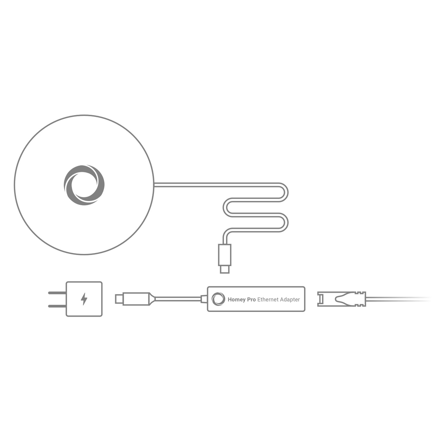 Line drawing of a Homey Pro Ethernet Adapter with a circular device and cable.