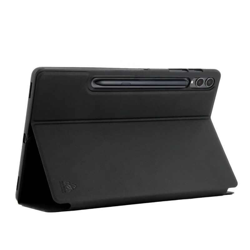 Tableta negra con lápiz en funda tipo folio, abierta. La funda está doblada y la tableta es visible.
