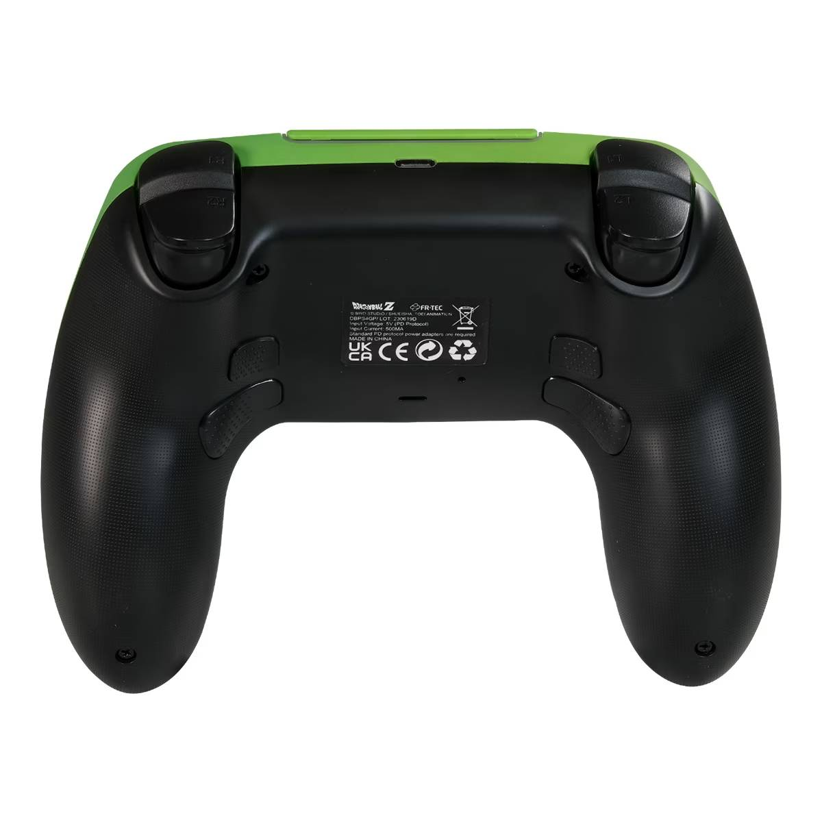 La parte trasera de un mando de juegos negro y verde con botones.