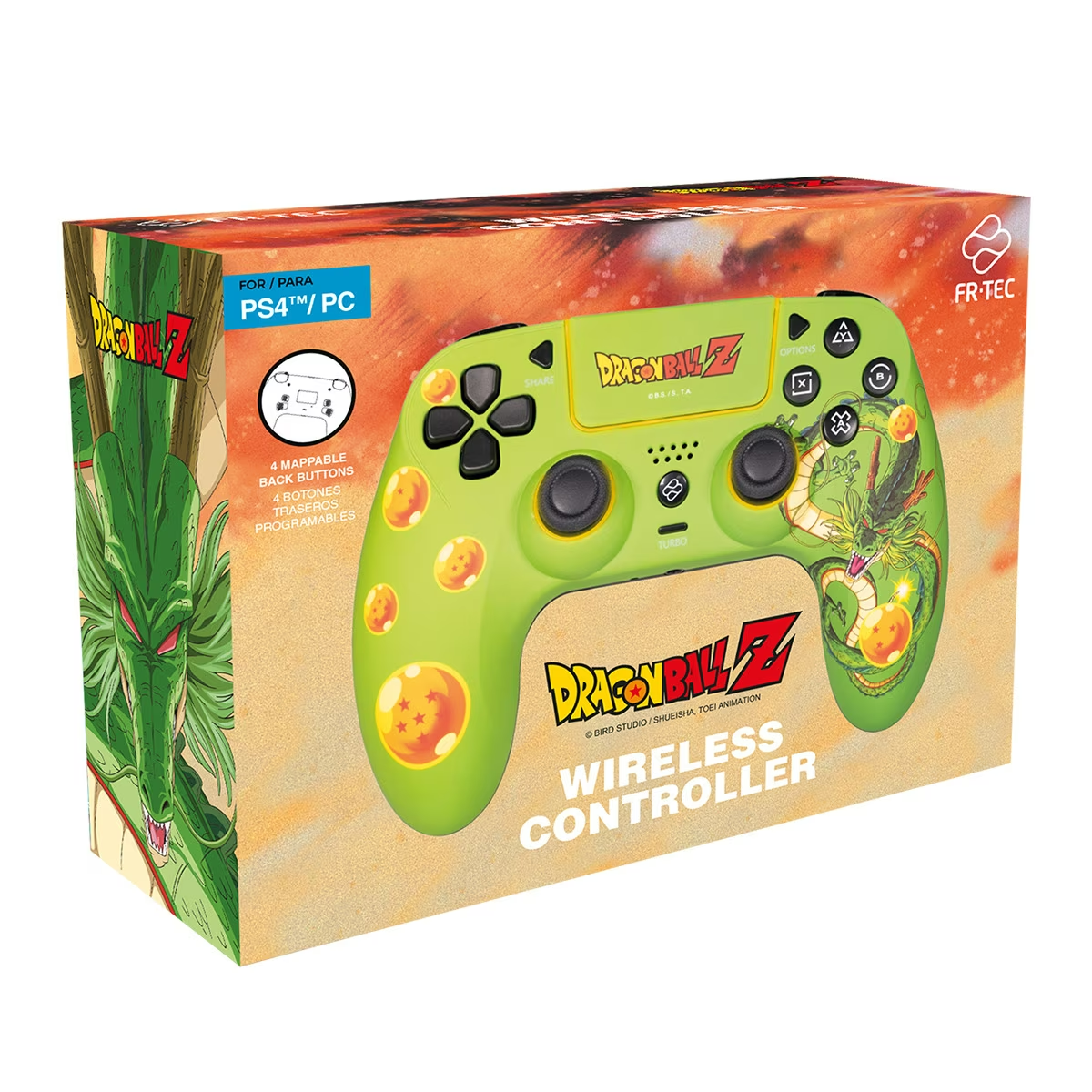 Mando inalámbrico verde de Dragon Ball Z en caja.