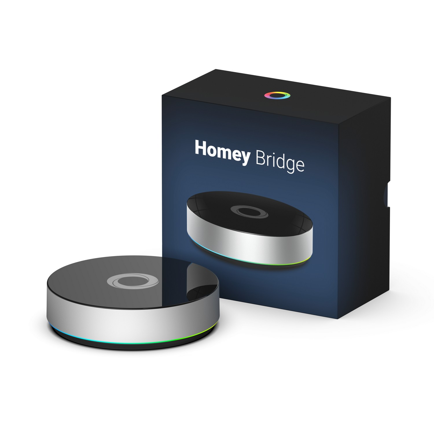 A Homey Bridge smart home device with its box on a white surface.