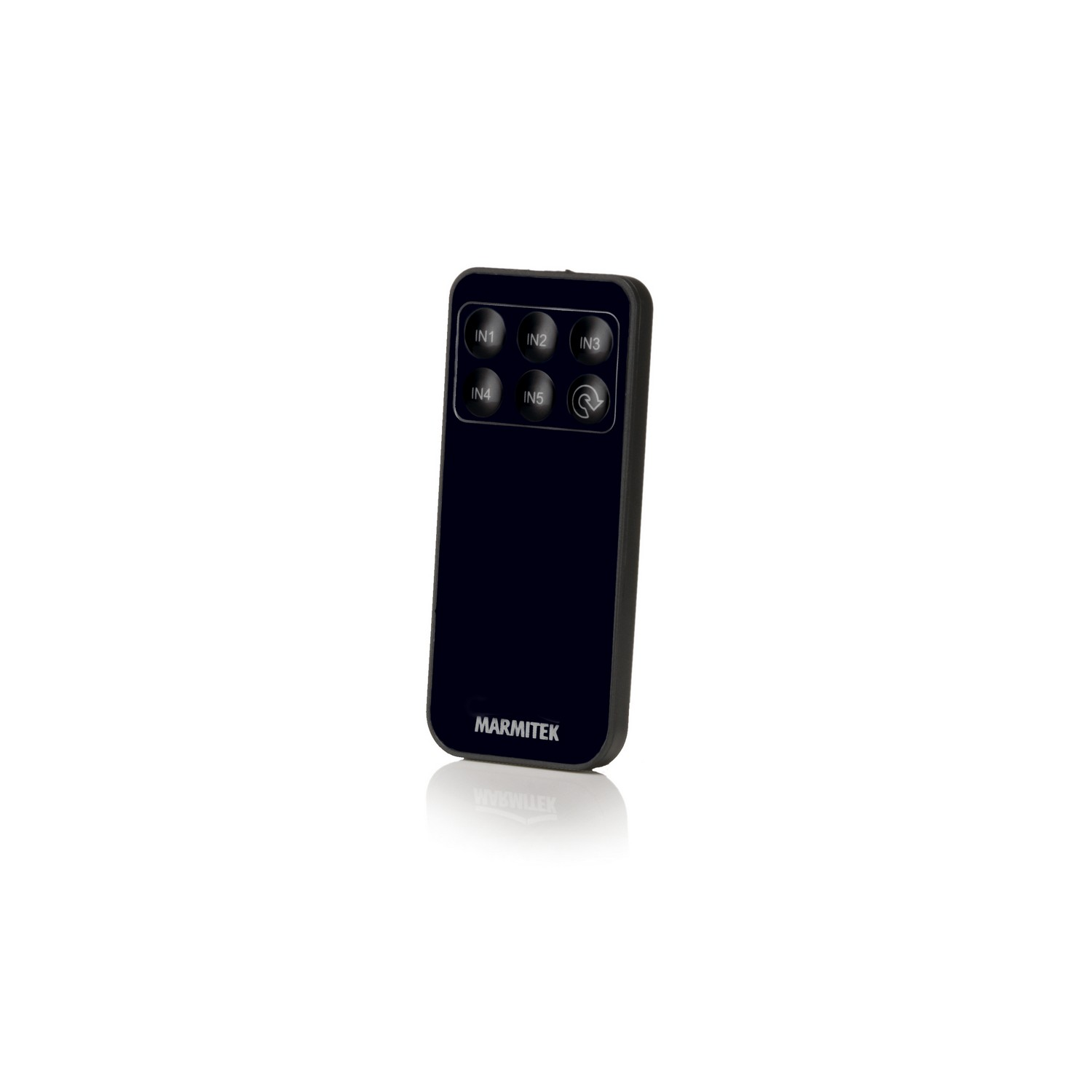 Télécommande noire avec boutons IN1-IN6 et marque MARMITEK.