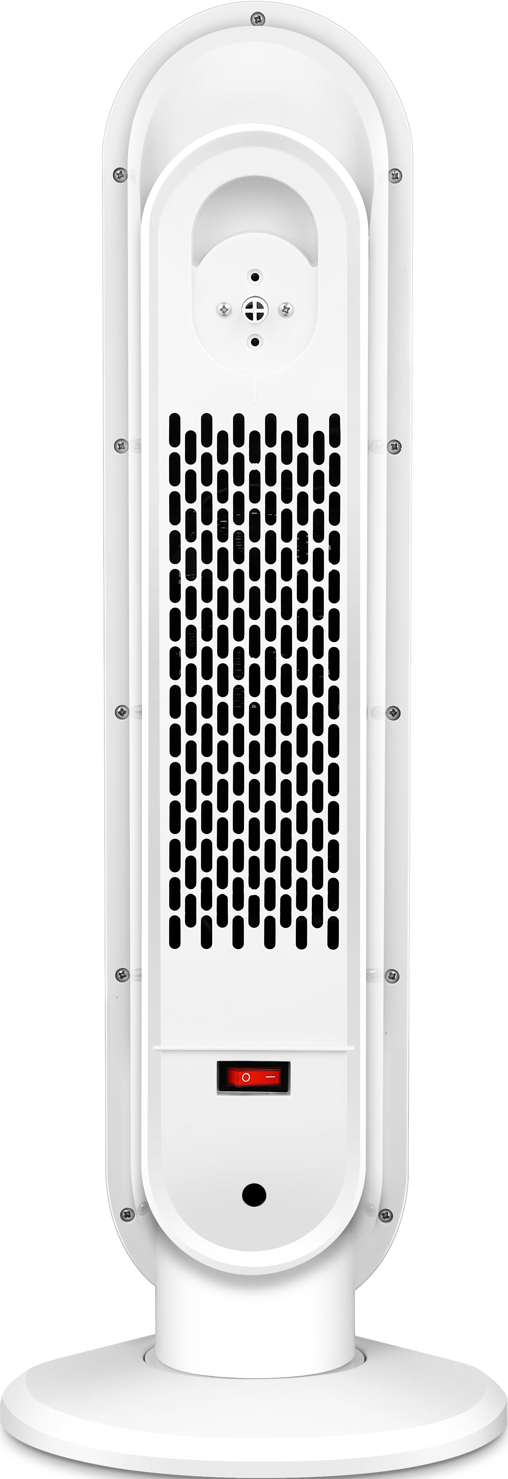 Die Rückseite eines weißen Elektroheizers mit Schalter und Lüftungsschlitzen auf weißem Sockel.