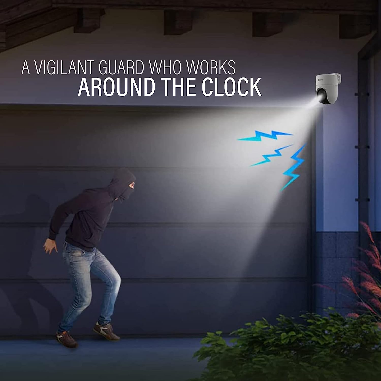 Une caméra de sécurité éclairant un cambrioleur. Texte : 'Un gardien vigilant...horloge'.