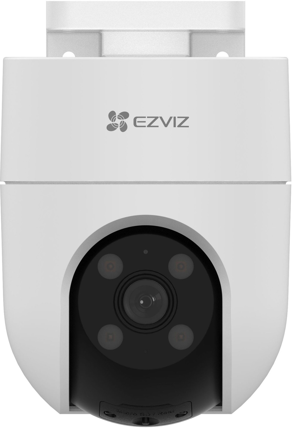 Une caméra de sécurité EZVIZ blanche. Elle possède un objectif noir et quatre lumières autour.
