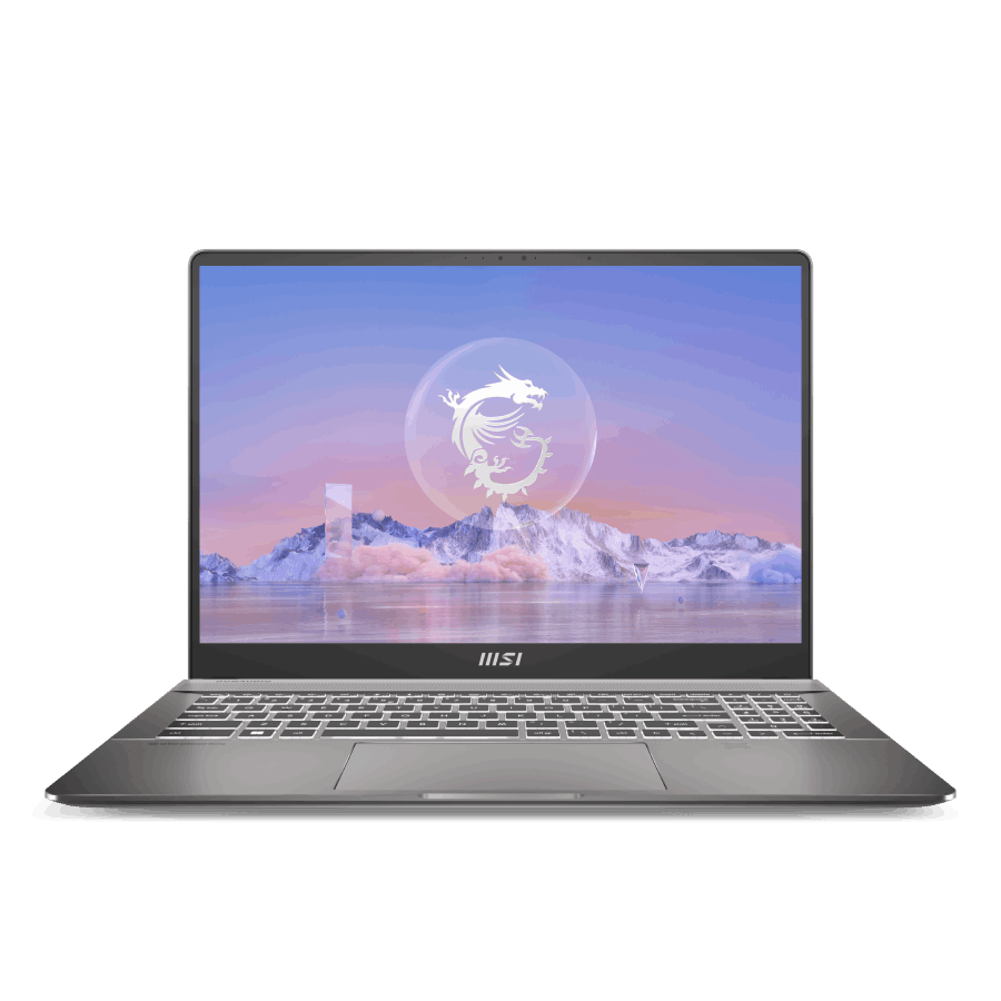 Laptop MSI plateado, abierto, mostrando una pantalla con un logo de dragón blanco y un fondo montañoso.