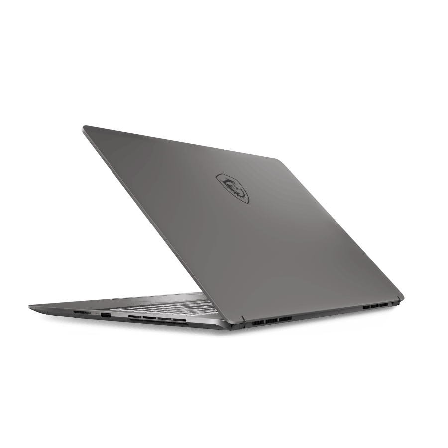 Un portátil gris, ligeramente abierto, mostrando el logotipo de MSI. El fondo es gris oscuro.