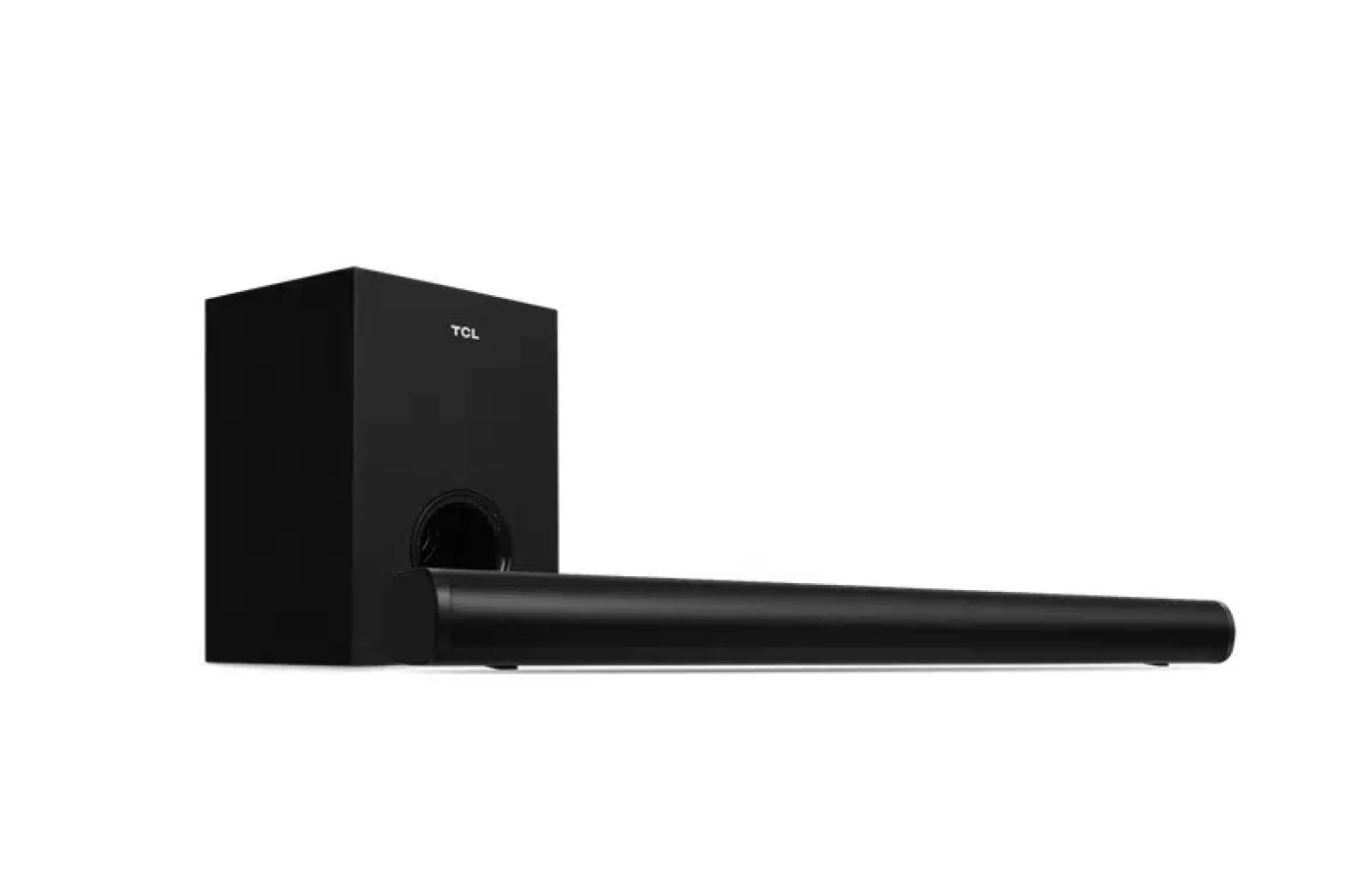 Siyah TCL soundbar ve subwoofer. Soundbar uzun ve ince. Beyaz arka plan.