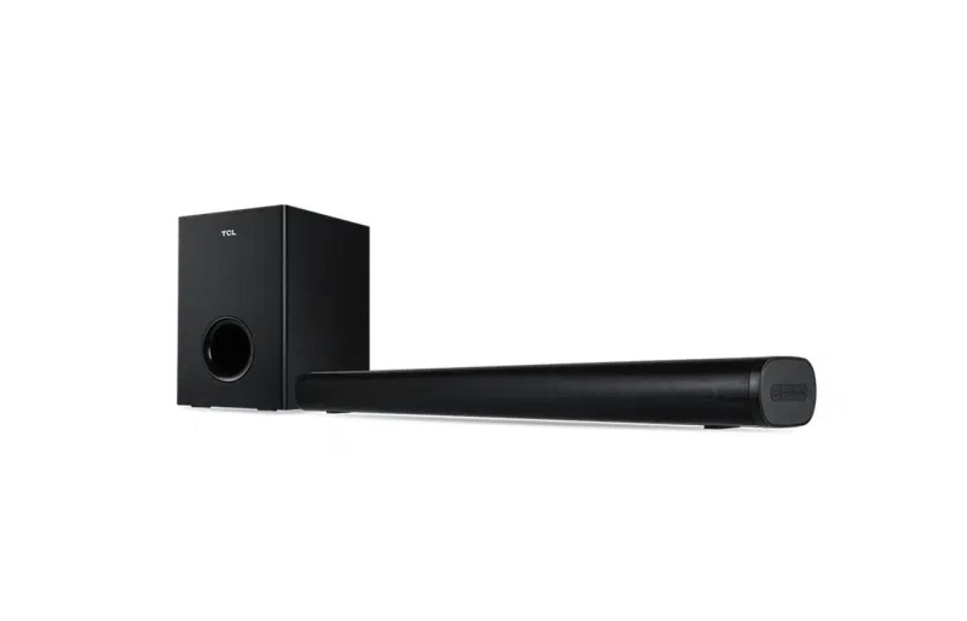 Beyaz bir arka plan üzerinde siyah bir TCL soundbar ve subwoofer seti. Set beyaz bir arka plan üzerinde.