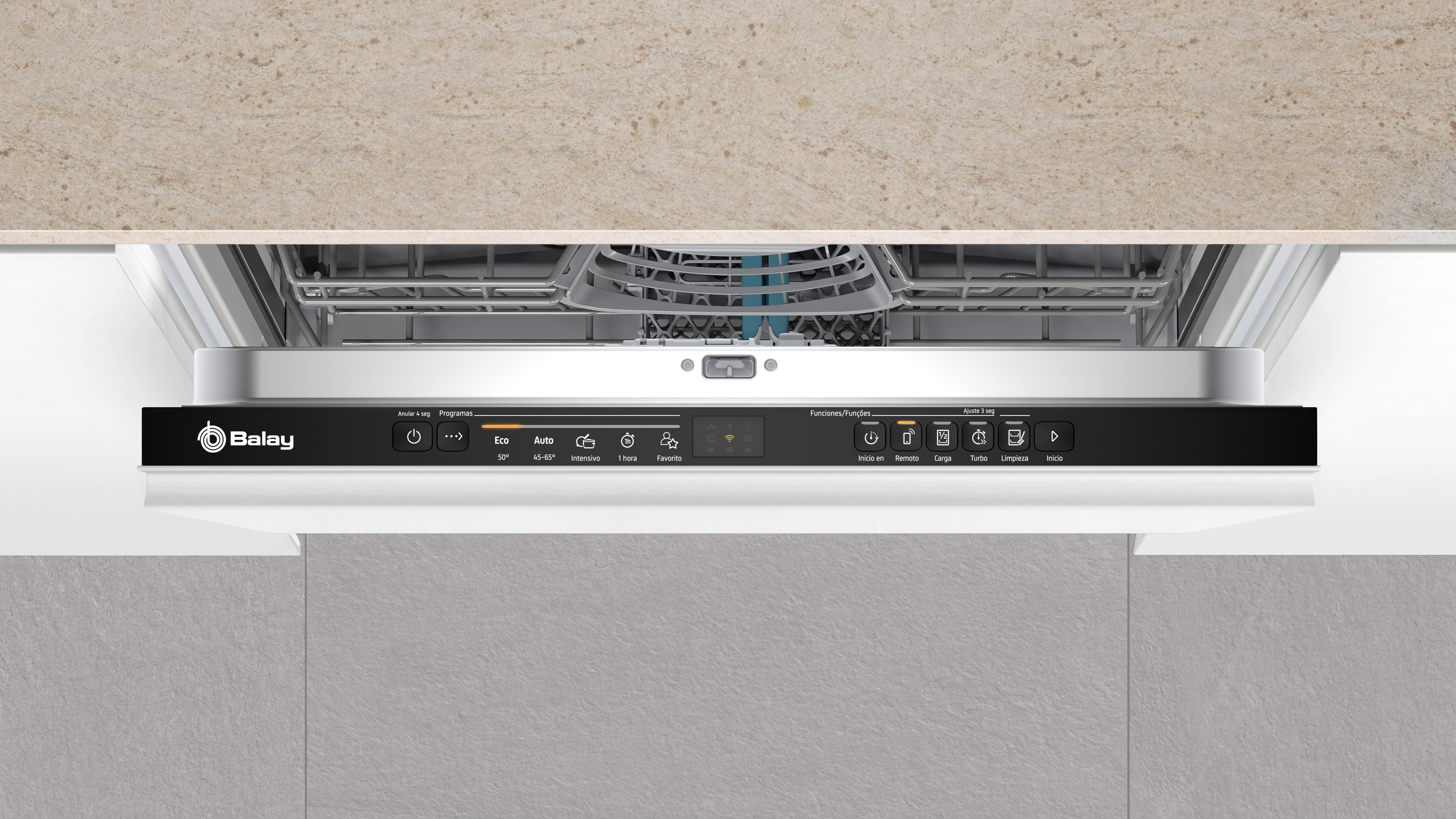 Panel de control del lavavajillas en una cocina. Son visibles varios botones y una pantalla.
