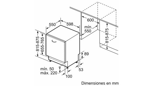 Vista isométrica de un lavavajillas blanco con dimensiones en mm. Etiquetas con dimensiones visibles.
