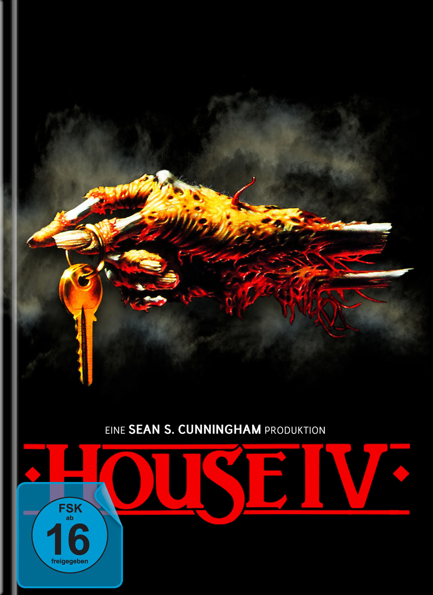 Eine Hand hält einen Schlüssel, bedeckt mit Geschwüren, und der Titel "HOUSE IV".