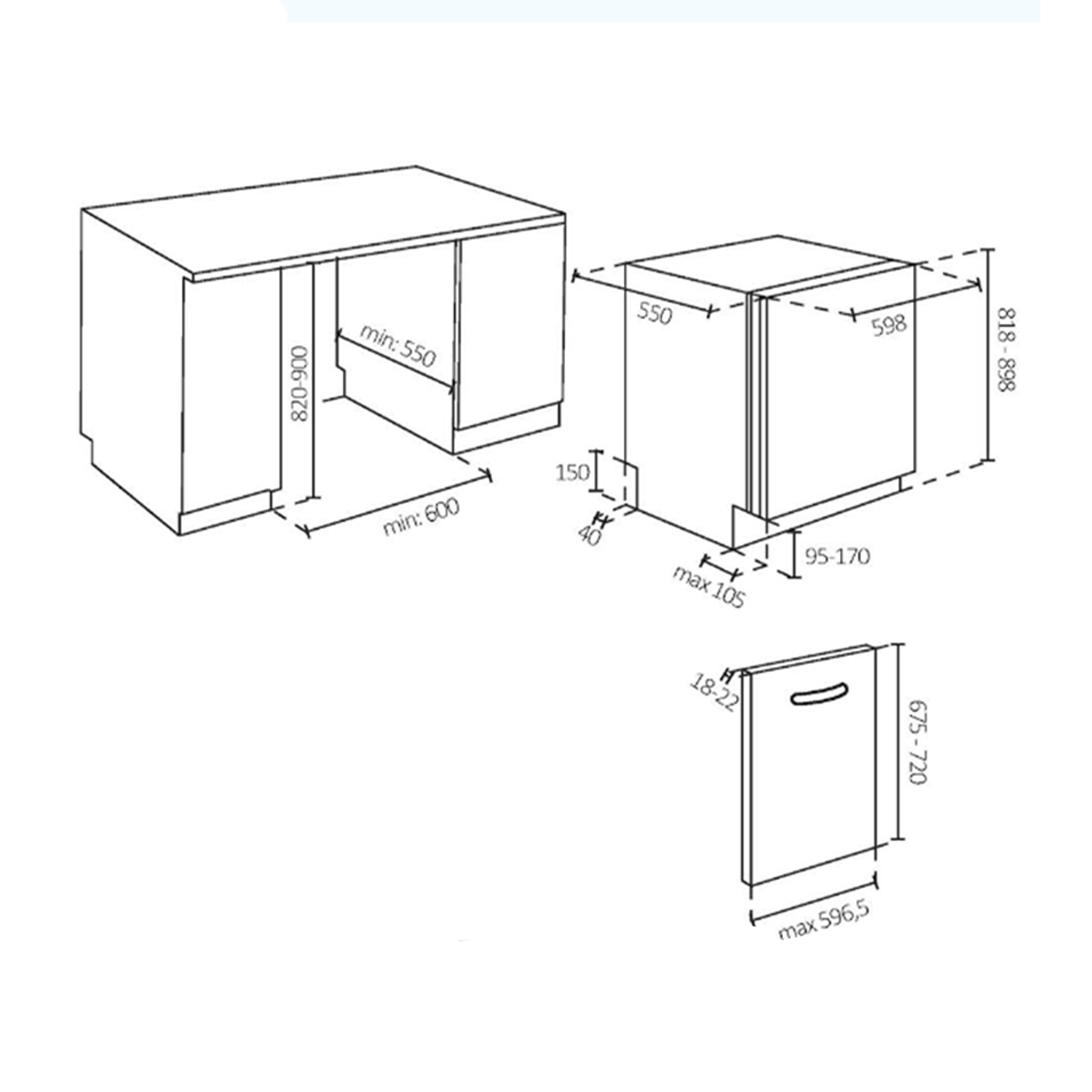 Diagramma con le dimensioni di mobili da cucina e lavastoviglie.