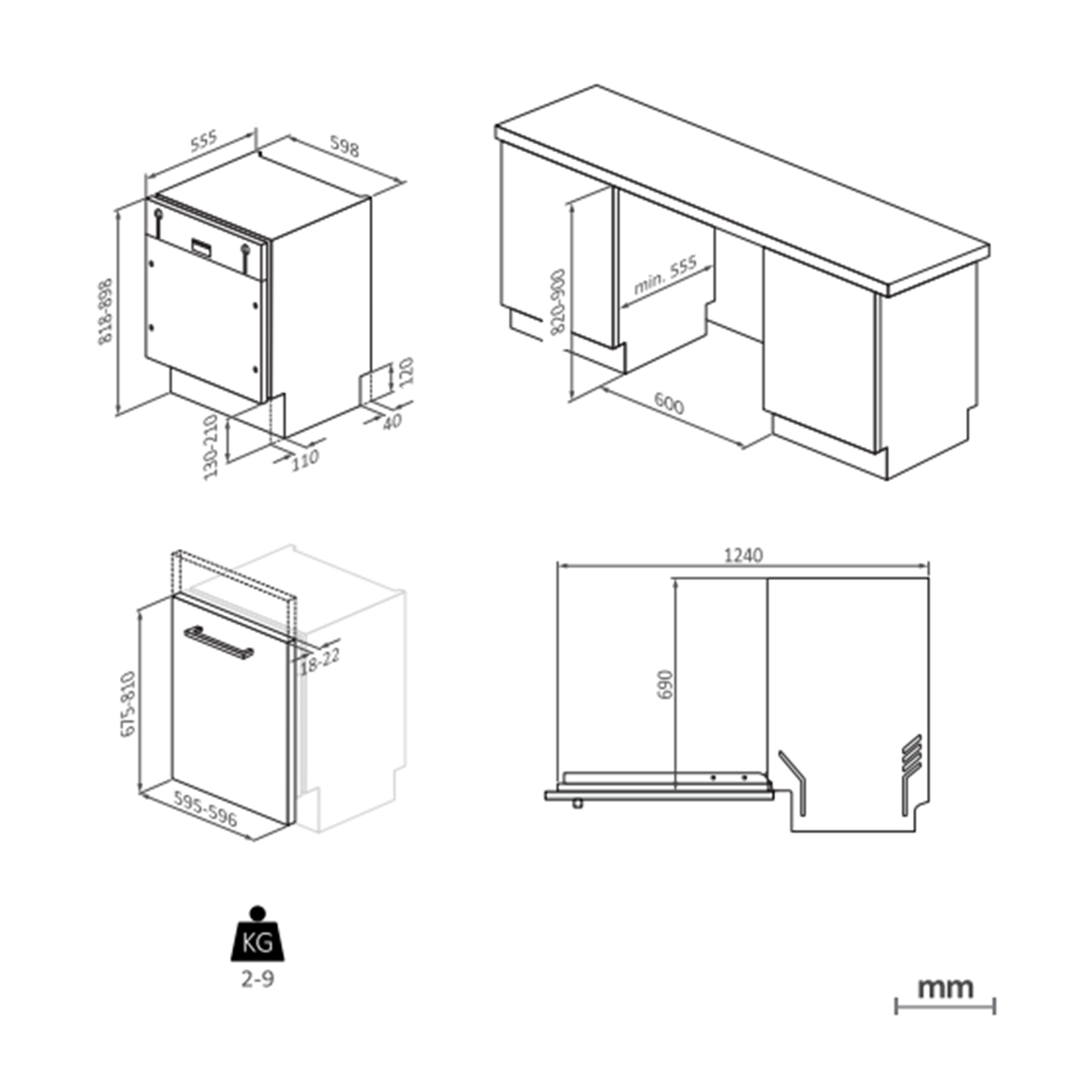 Disegno tecnico di una lavastoviglie con misure in millimetri.