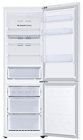 Biała lodówka z otwartymi drzwiami, odsłaniająca półki, szuflady i światło. Widoczny tekst "All-Around Cooling".