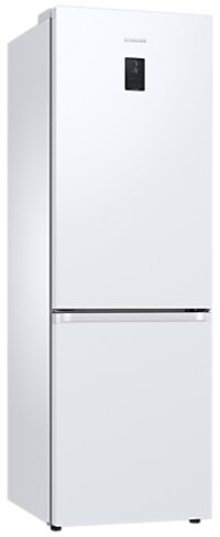 Biała lodówka z dwiema drzwiami, zamrażarką na dole i cyfrowym wyświetlaczem.