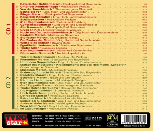 Die Rückseite einer CD-Hülle mit Titellisten. Der Text ist auf Deutsch. Tyro Star-Logo unten.