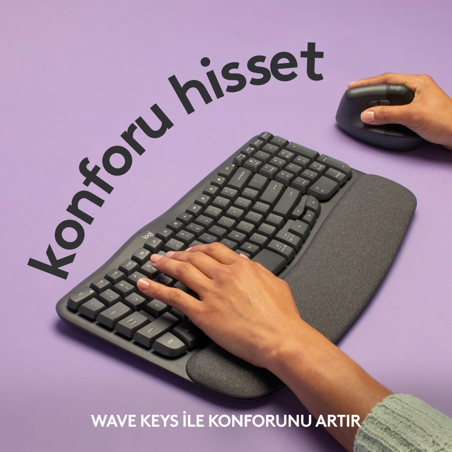 Eller klavye ve farede. Metin: konforu hisset, wave keys ile konforunu artir.