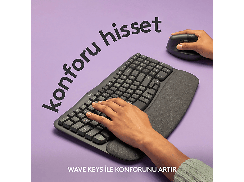 LOGITECH Wave Keys Kablosuz Ergonomik Türkçe Q Klavye Grafit_1