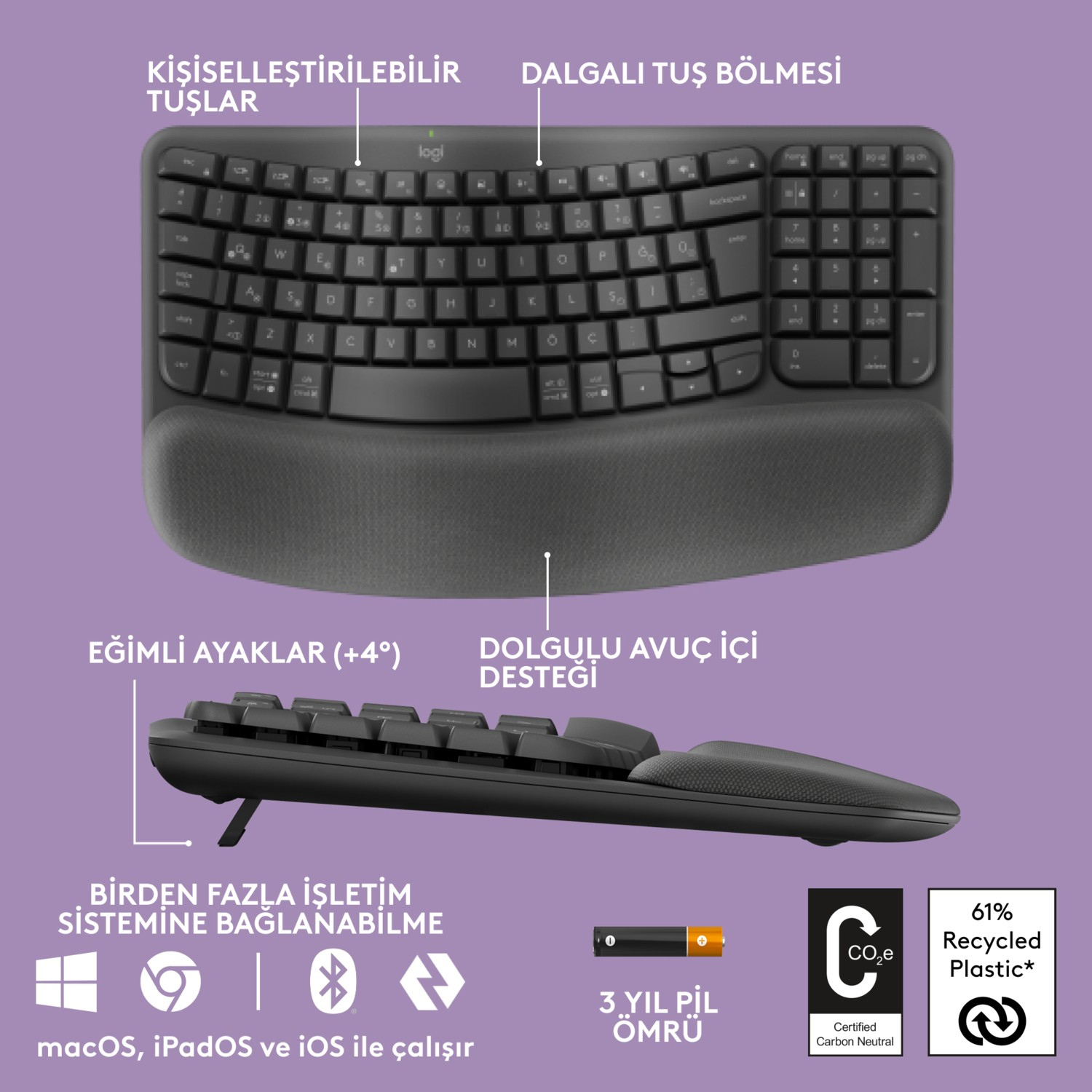 Bilek desteği olan siyah ergonomik klavye. Tuşları, bir logo ve özellik etiketleri var.