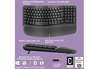 LOGITECH Wave Keys Kablosuz Ergonomik Türkçe Q Klavye Grafit_5