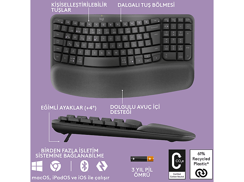 LOGITECH Wave Keys Kablosuz Ergonomik Türkçe Q Klavye Grafit_5