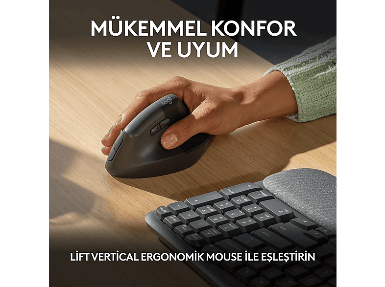 LOGITECH Wave Keys Kablosuz Ergonomik Türkçe Q Klavye Grafit_7