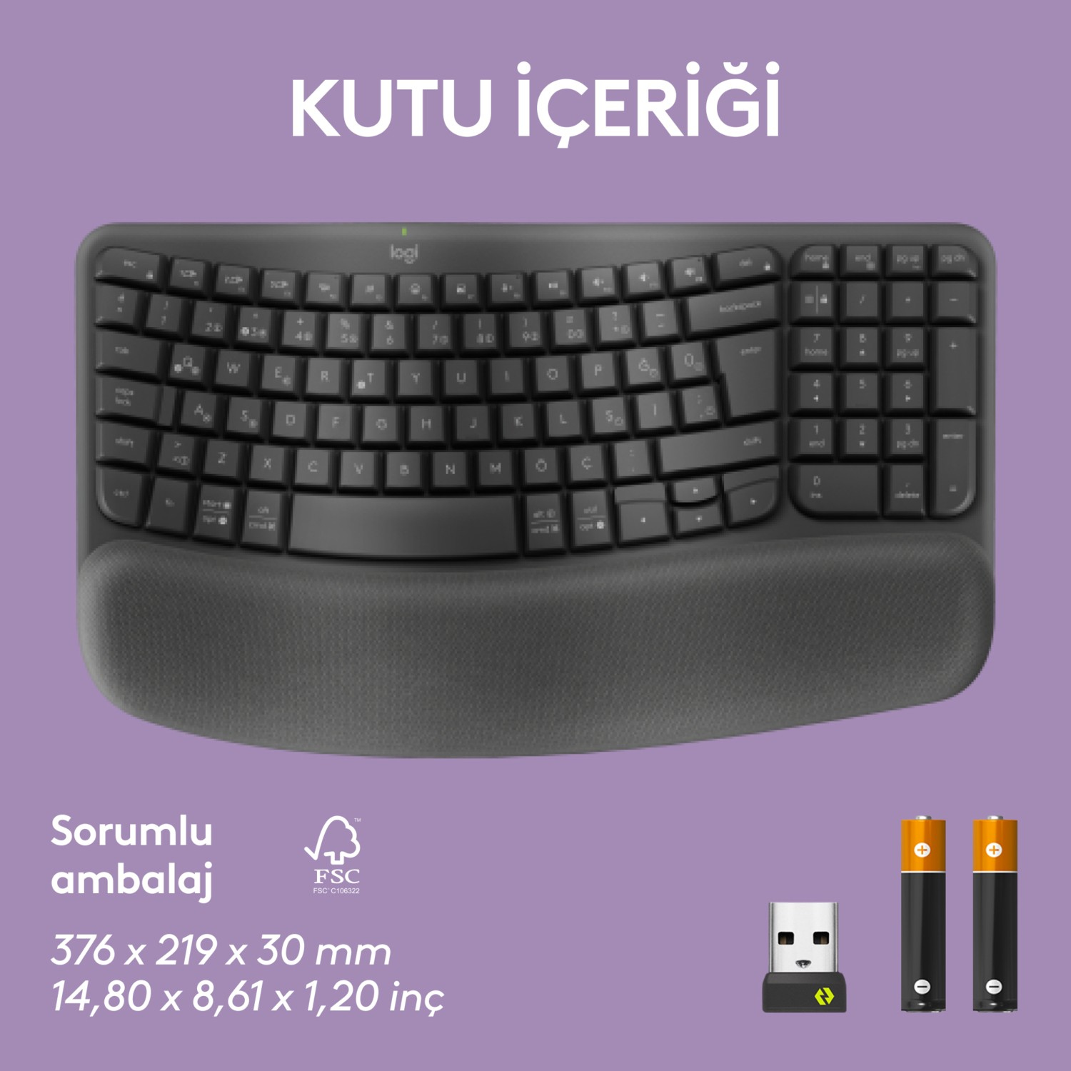 Bilek desteği, piller ve USB alıcısı olan siyah ergonomik klavye. "KUTU İÇERİĞİ" metni görünür.